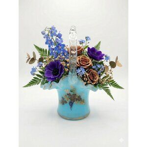 Fenton 1950s Charleton Blue Grapevine Basket Vase With Hand-Painted Gold Accents